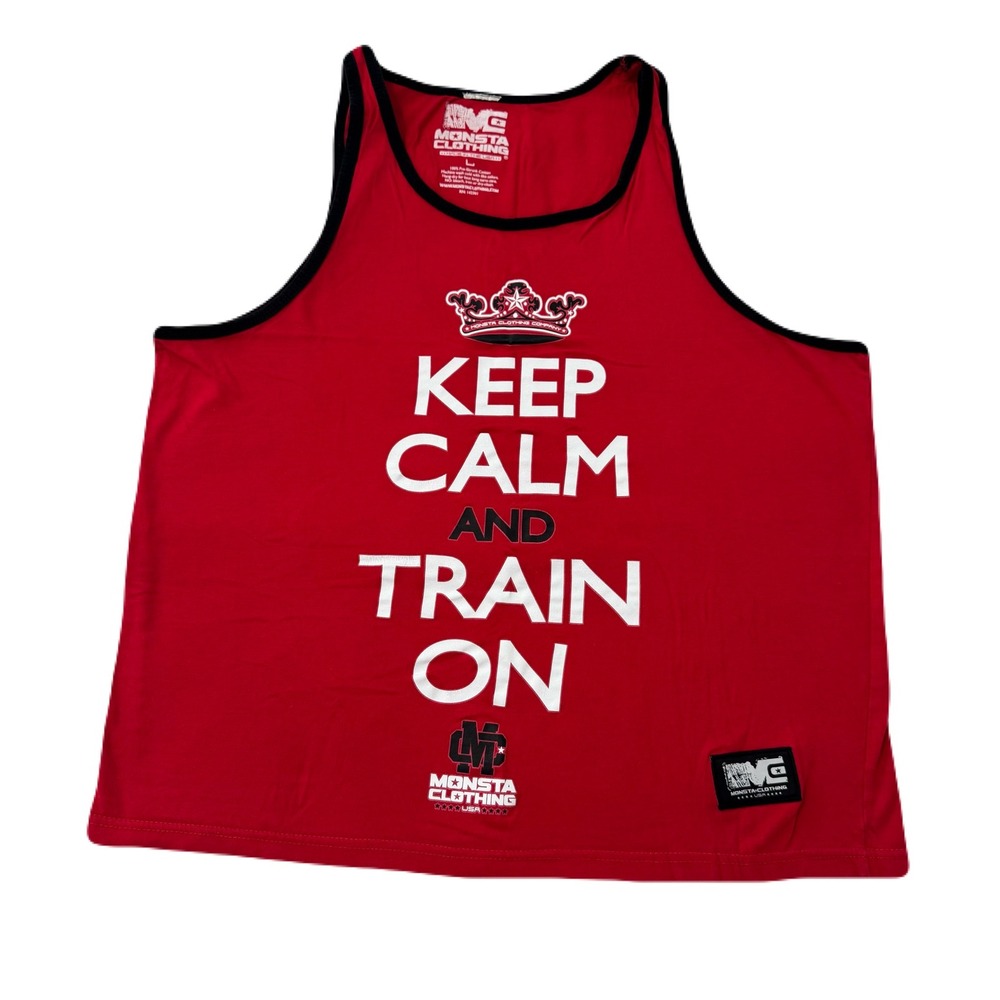 Monsta Clothing Keep Calm & Train On Tank Top L Red Bodybuilding Gym USA